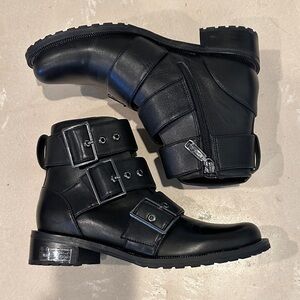 Blondo Waterproof Black Leather Moto Ankle Boots with Buckles